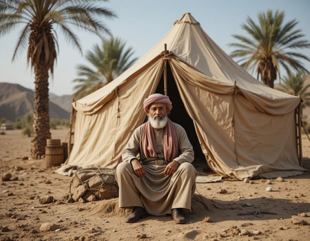 Portrait of an old man sitting in front of a tent in the desertの素材