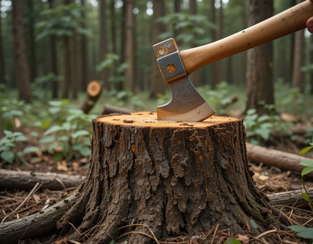 Ax stuck in a tree stump in the forest. Concept of deforestation.の素材