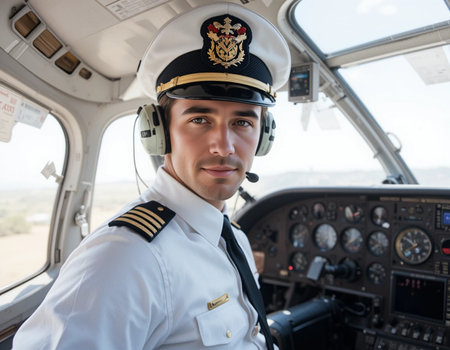 Portrait of a pilot in a helicopter cockpit looking at the cameraの素材