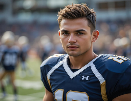American football player posing in the stadium with fans in the background.の素材
