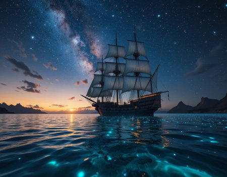 Sailing ship in the sea with starry sky. 3d renderの素材