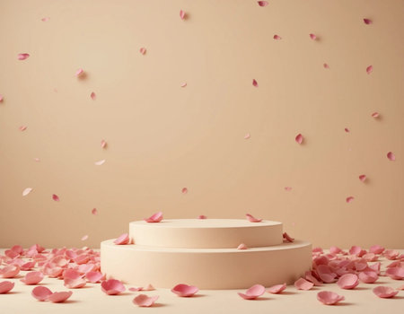 3d render, beige podium with rose petals on the floorの素材