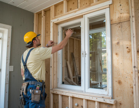 Construction worker installing a wooden window frame in a new house under constructionの素材