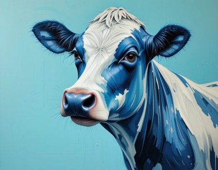 Illustration of a cow with blue paint on a blue background.の素材
