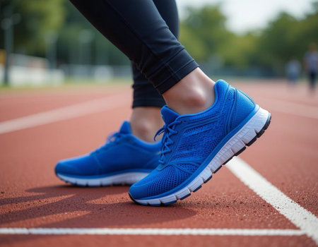 Close up of female legs in blue sneakers on a running track.の素材