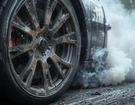 Close up of a car wheel with smoke on a wooden floor.の素材