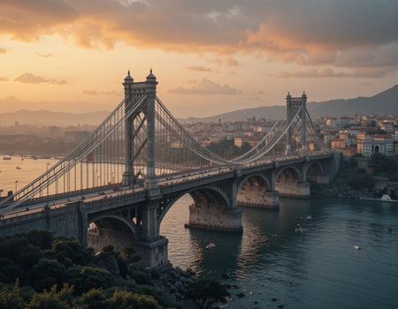 Budapest Chain Bridge at sunset. Hungary, Budapest, Hungaryの素材