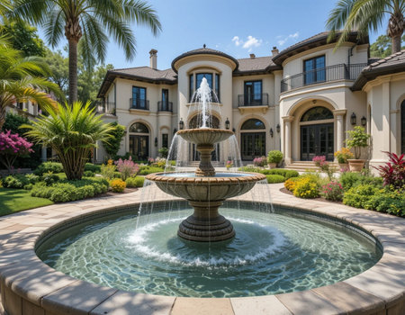 Fountain in front of a luxury villa in San Diego, Californiaの素材