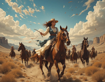 Cowgirl in the desert with horses. 3D illustration. Vintage style.の素材