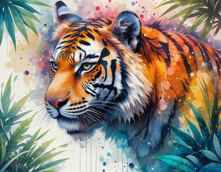 Watercolor painting of a tiger on a background of tropical leaves.の素材