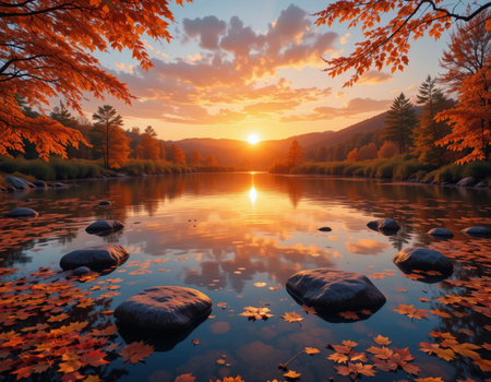 Colorful autumn landscape with mountain lake and colorful forest at sunset.の素材