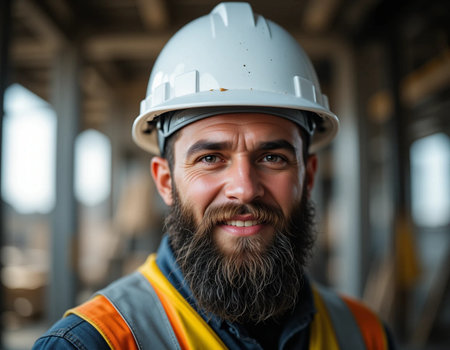 Portrait of a bearded male worker in a hardhat on a construction siteの素材