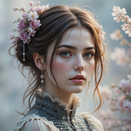 Fashion portrait of young beautiful woman with flowers in her hair.の素材