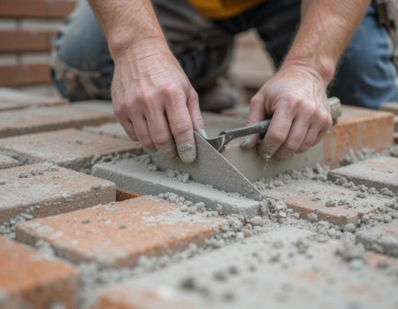 Close-up of a bricklayer using a trowel to masonry tilesの素材