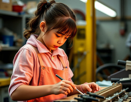 Little girl learning how to use screwdriver in workshop. Education conceptの素材