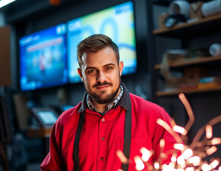 Portrait of a handsome man in a red shirt with a beard.の素材