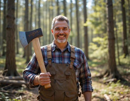 Portrait of a smiling lumberjack with an ax in the forestの素材