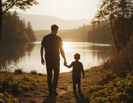Father and son are walking along the shore of a lake at sunsetの素材