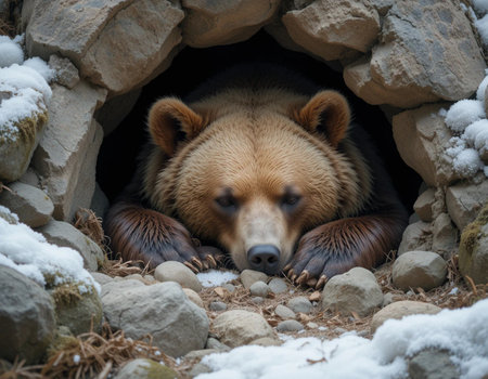 Grizzly bear in a cave in the zoo in winterの素材