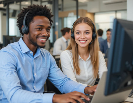Portrait of smiling young businesspeople working on computer in creative officeの素材