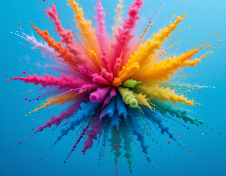 Colorful holi powder explosion on blue background. Abstract background.の素材