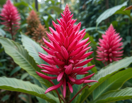 Close up of red alpinia flower (Alpinia purpurata)の素材