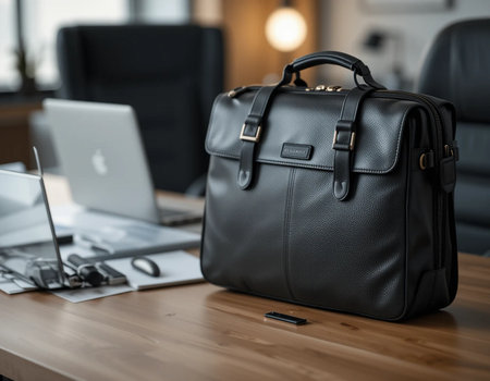 Black leather briefcase on a wooden table in a modern office.の素材