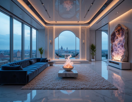 Luxury living room with panoramic view of the cityの素材