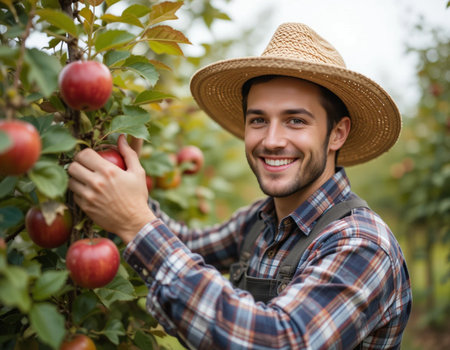 Portrait of smiling farmer picking ripe apples from tree in orchardの素材