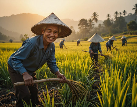 Vietnamese farmer working on the rice field at sunset, Vietnamの素材