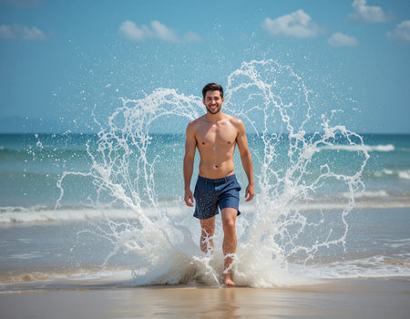 Full length portrait of a shirtless young man splashing water on the beachの素材