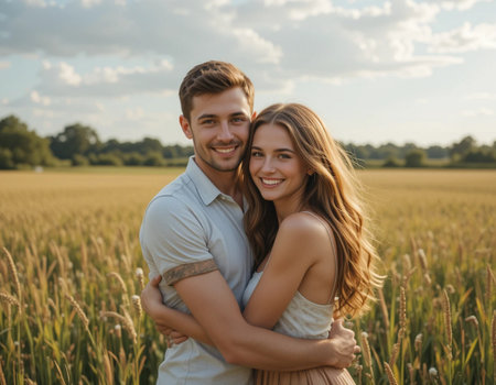 Happy young couple in love hugging and looking at camera in wheat fieldの素材