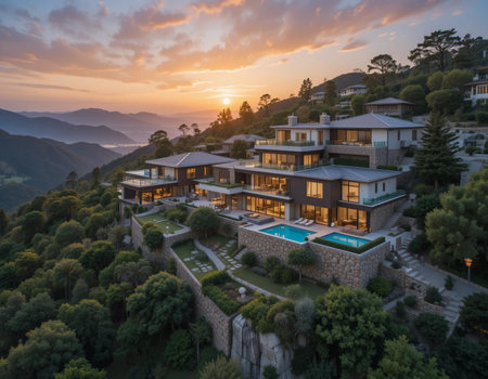 Aerial view of modern cozy house with pool and parking for sale or rent in luxurious style and beautiful sunset in background.の素材