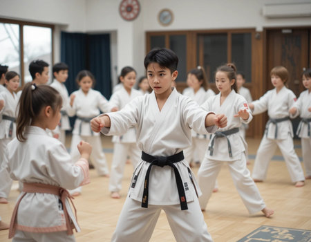 Korean martial arts students practicing new moves in a karate classの素材