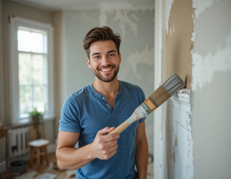 Portrait of a smiling young man painting a wall at home.の素材