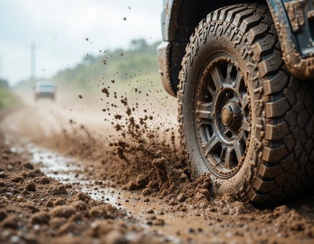 Off-road car tires in mud on the road. Off-road concept.の素材