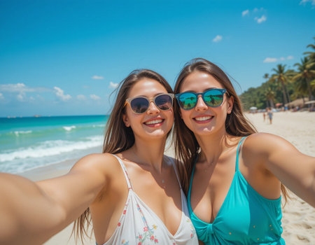 Two young women in swimsuits and sunglasses taking selfie on the beachの素材