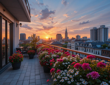 Beautiful sunset on the terrace of a modern apartment building.の素材
