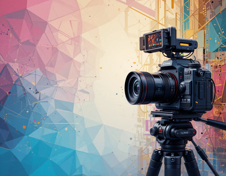 Digital camera on tripod with abstract colorful polygonal background. Media conceptの素材
