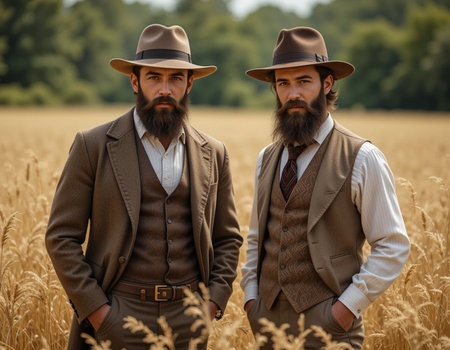 Two men with long beard and mustache in vintage suits on wheat fieldの素材