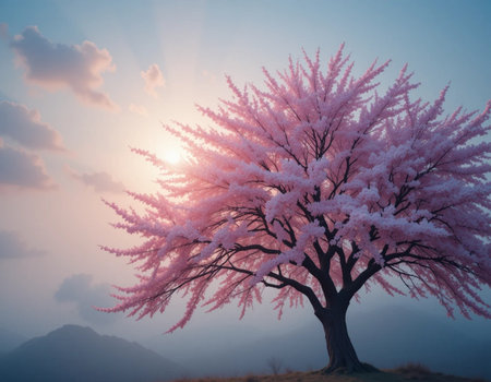 Beautiful cherry blossom tree on the hill at sunset, vintage styleの素材