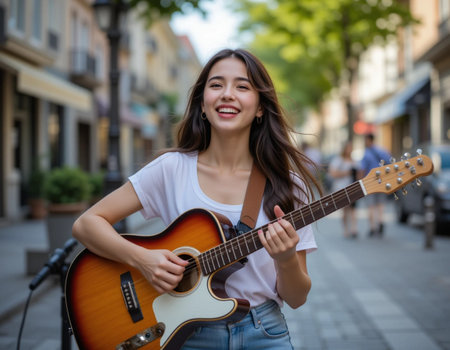 Young beautiful Asian woman playing guitar in the city. Lifestyle portrait.の素材