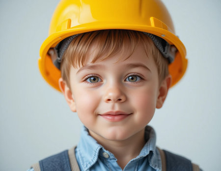 Portrait of a cute little boy in a construction helmet on a gray backgroundの素材