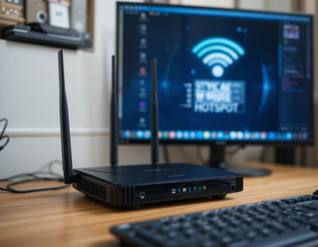 Wifi router on a desk in front of a computer monitor.の素材