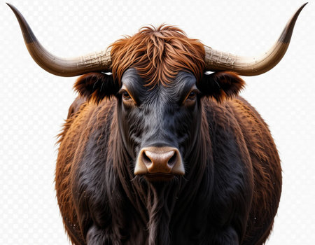 Highland cattle head isolated on white background with clipping path and alpha channelの素材