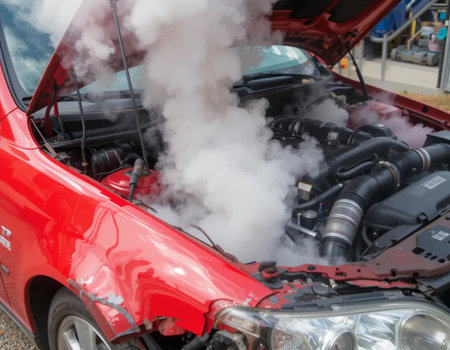 Close-up of a red car with smoke coming out of the hoodの素材