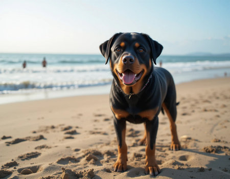 Rottweiler dog standing on the beach. Selective focus.の素材