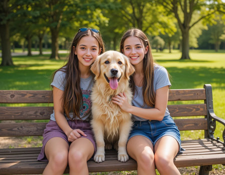 Three teen girls sitting on a bench with their dog in the parkの素材