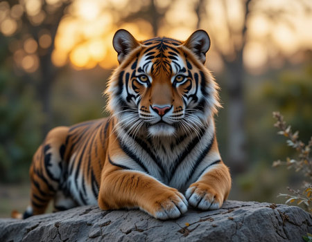 Siberian Tiger sitting on the rock with sunset in the backgroundの素材