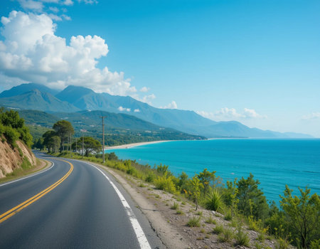 Road to the sea. Beautiful view of the sea and mountains.の素材